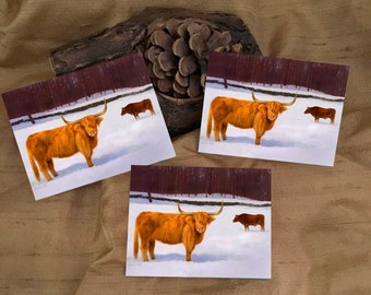 3 Highland Cow Stickers - Red Cow Stickers - Pasture Winter Scene Cow Stickers