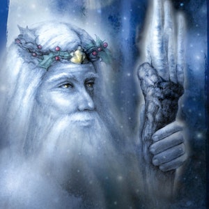 Cartolina di Yule, cartolina di Babbo Natale, cartolina d'arte del solstizio d'inverno, cartolina delle vacanze