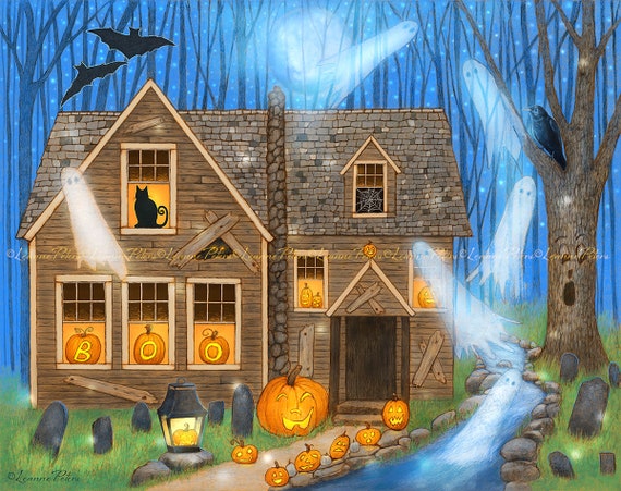 Haunted House Art Print, Halloween Art Print, Pumpkin Art Print, Spooky Ghost Art Print