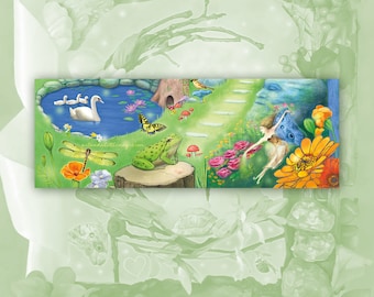 Fantasy Garden Bookmark, Dragonfly and Swans and Frog Bookmark, Fairy Bookmark, Flower Art Bookmark