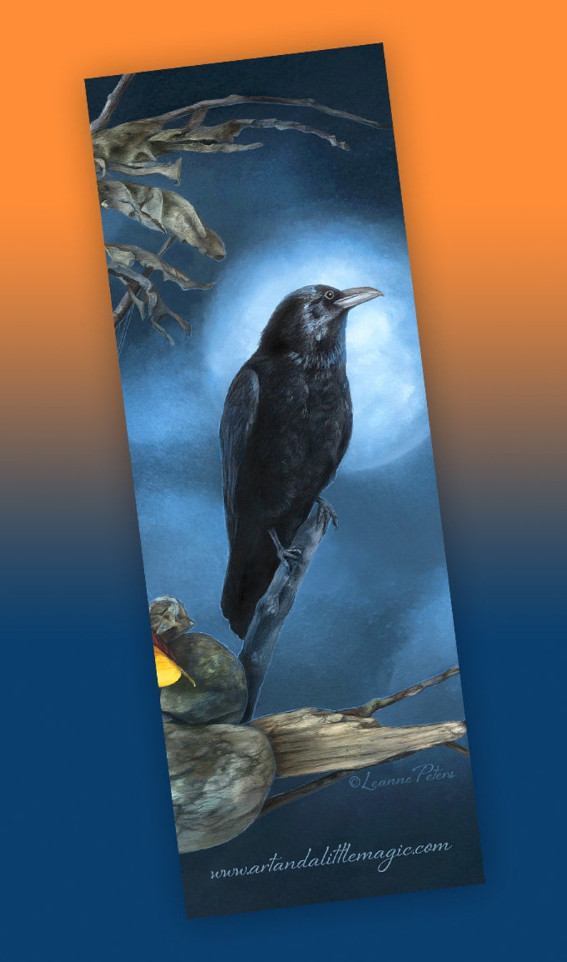 May include: A black crow perched on a branch against a blue sky with a full moon in the background. The crow is facing right and has its wings folded. The branch is brown and has a few leaves on it. The moon is white and has a faint glow around it. The sky is a dark blue with some clouds. The image is a painting and has a signature in the bottom right corner.
