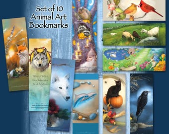 Set of 10 Animal Art Bookmarks – Fox, Wolf, Dolphin, Raven, Cat Designs