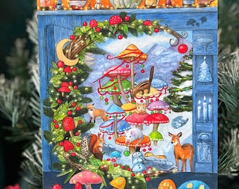 Holiday Animal Mushroom Art Print, Wreath Art, Magical Cabinet
