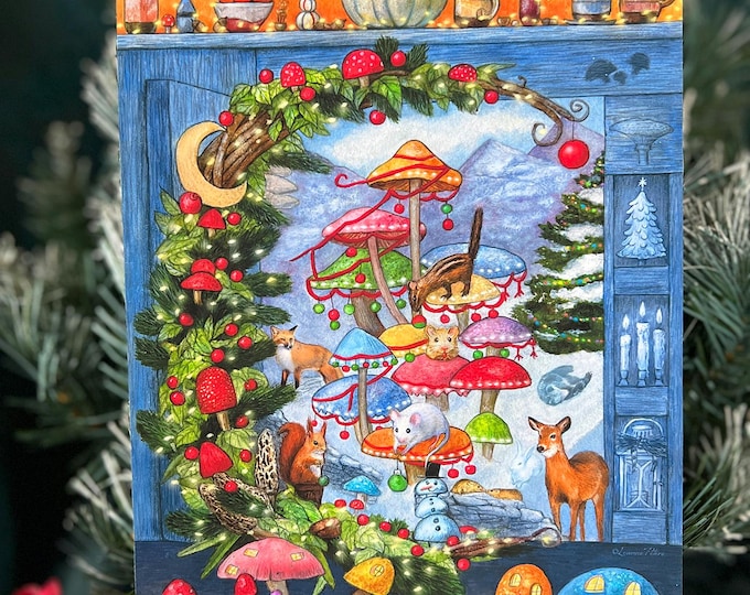 Featured listing image: Holiday Animal Mushroom Art Print, Wreath Art, Magical Cabinet