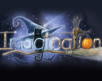 Halloween Card, Black Cat Card, Witch's Broom and Hat Art Card