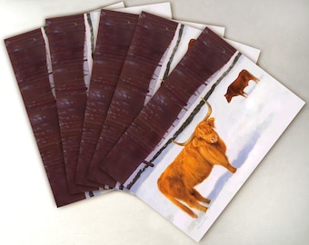 Highland Cow Christmas Card Pack - Pack of 5 - Greeting Card - Red Cow Card - Highland Cattle Art