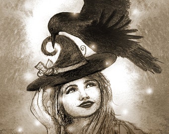 Halloween Crow Art Print, Witch Art Print, Happy Samhain, Magical Art