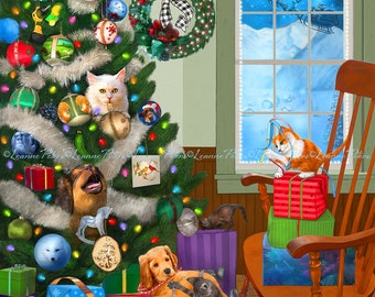 Christmas Art - Christmas Mischief - Kitten and Puppy Art - Seasonal Art - Christmas Decor