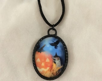 Jack O'Lantern, Rat in a Hat, and Raven Halloween Pendant - Halloween Necklace - Halloween Jewelry - Rat Art - Jack O'Lantern Art