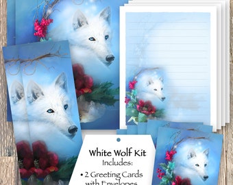 Wolf Stationery Set, White Wolf Bookmark, Wolf Stickers, Wolf Greeting Cards