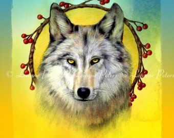 Wolf Art Print, Dreamcatcher Art Print, Wolf Spirit Animal Print, Winter Berries Art