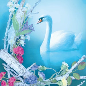 Weißer Schwan Postkarte, Teich und Blumen Postkarte, Elegante Frühlings Kunst Postkarte, Beruhigende Blaue Kunst Postkarte