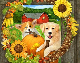 Golden Lab and Corgi Art Print, Fall Harvest Print, Cute Puppies Art Print, Dog Print