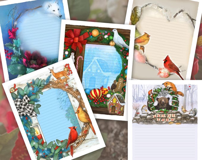 Featured listing image: Winter Theme Digital Stationery 5 Designs, Wolf Stationery, Animal Stationery, Gingerbread Art, Cardinal Lined Stationery Art