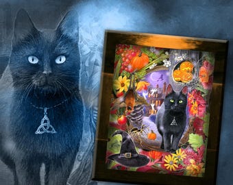 Black Cat Art Print, Halloween Haunted House Art Print, Pumpkin Art Print, Witchy Art Print