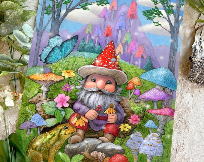 Featured listing image: Gnome Print, Mushroom Art Print, Spring Animal Children’s Print
