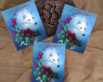 3 White Wolf Holiday Stickers - Christmas Art - Flower Art Stickers - Winter Solstice Art