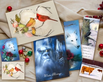 Holiday Card and Bookmark Gift Set - Pack of 7 Items - Cardinal Holiday Greeting Card - Winter Art Stickers - Bookmark Set