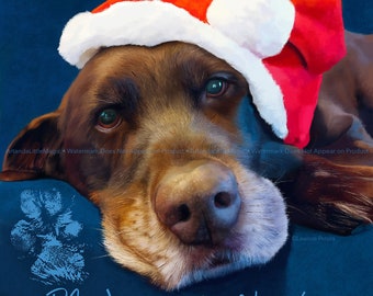 Chocolate Lab Art Print, Labrador Print, Chocolate Lab in Santa Hat Print, Christmas Dog Print