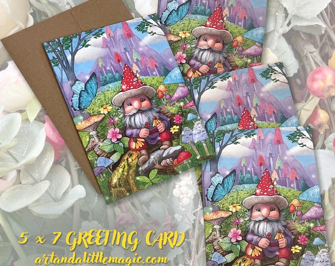 Featured listing image: Mushroom Gnome Greeting Card, Fantasy Art Card, Magical Garden Card, Any Occasion Card