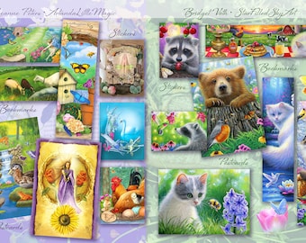Animal Springtime Bookmark Postcard Sticker Set, Bridget Voth and Leanne Peters Art, Kitty Cat Bookmarks, Fairy Bookmark