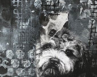 Dog Art, Canine, Shih Tzu, Mixed Media, Gift, Handmade, One of a Kind, Gray, Stencils