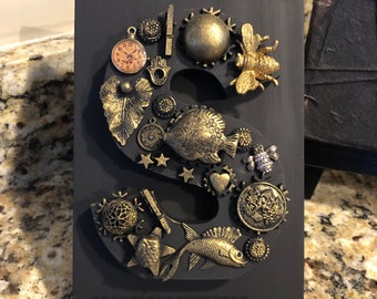 Letter S, Mixed Media, Steampunk, Artwork, Charms, Assemblage, Fish, Gift, Gold, Black, Honeybee, Fish, Leaves