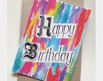 Modern Abstract Birthday card with hand lettered "Happy Birthday" printed from the original watercolour & ink design of artist Jacinta Payne