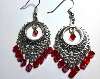 Chandelier Earrings w/Beads/Bohemian Red Crystal Earrings/Red Crystal Earrings/Pierced Earrings/Dangle Earrings