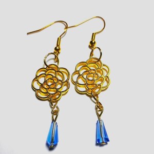 Gold flower dangle earrings with light blue glass beads/gold dangle earrings/flower dangle earrings/pierced earrings/gold flower earrings
