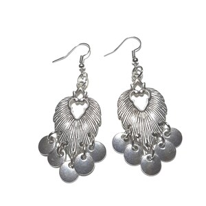 Chandeliers, Silver color feather chandeliers with round metal discs, Dangle earrings, Pierced earrings, Bohemian, Office earrings