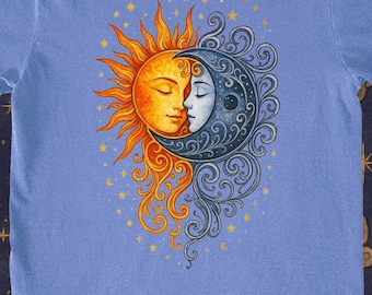 Camiseta Sol e Lua, Amantes Celestiais, Camiseta Caprichosa, Boho, Gráfica, Estilo Anos 90, Top Cósmico Mágico, Astrologia, Sol e Lua, Estética
