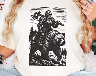 T-shirt middeleeuwse ridder berijdende beer, T-shirt met donkere kunstafbeelding