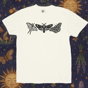Mystical Moth Shirt Forestcore Aesthetic 90s Retro Vintage Tattoo Style Insect Tee Woodblock Lino Stamp Moths for Nature Lovers