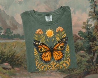 Monarch Butterfly Shirt, Celestial Sun Floral Design, Vintage Boho Tee