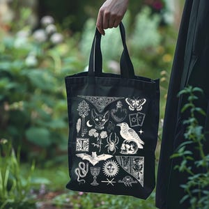 Dark Academia Tote Bag with Gothic Witchcore Design, Vintage Book Lover Aesthetic Canvas Bag for Readers and Literary Style image 3