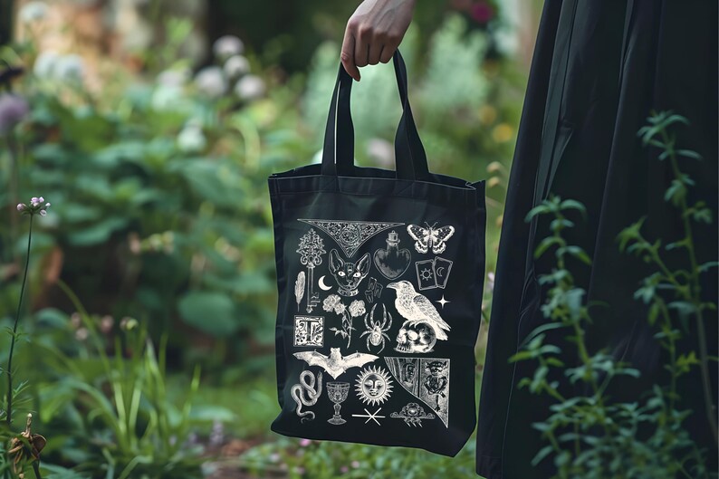 Dark Academia Tote Bag with Gothic Witchcore Design, Vintage Book Lover Aesthetic Canvas Bag for Readers and Literary Style image 3