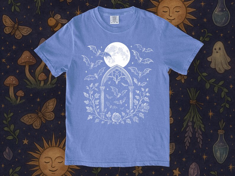 Gothic Bat Shirt, Full Moon, Dark Academia Tee image 5
