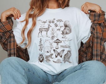 T-shirt med skogsdjur, ljus Academia, natur, vandringströja, Cottagecore, estetisk djurliv, grafisk topp, vintage, svamp, skogskärna