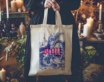 Medieval Knight Tote Bag with Vintage Dragon Slayer Print, Castlecore Knightcore Aesthetic Canvas Reusable Shopping Bag