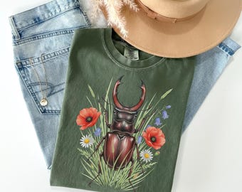 Stag Beetle Tee Botanical T-Shirt Bug Lover Art Cottagecore Insect Shirt for Nature Lovers Entomology Aesthetic Gardening Gift