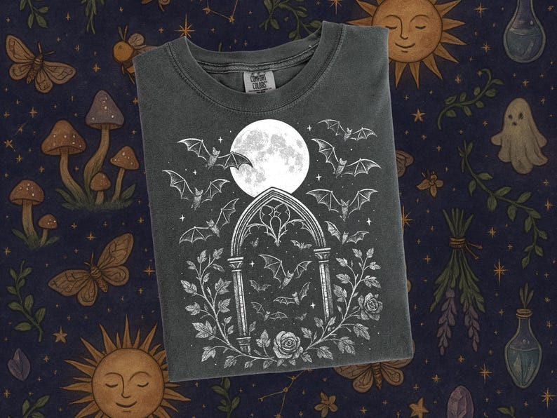 Gothic Bat Shirt, Full Moon, Dark Academia Tee image 2