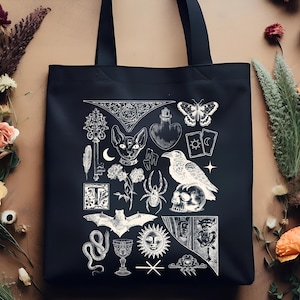 Sac fourre-tout sombre Academia avec design gothique Witchcore, sac en toile esthétique vintage pour amoureux des livres pour les lecteurs et le style littéraire