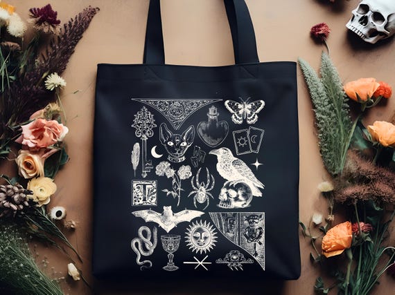Dark Academia Tote Bag with Gothic Witchcore Design, Vintage Book Lover Aesthetic Canvas Bag for Readers and Literary Style