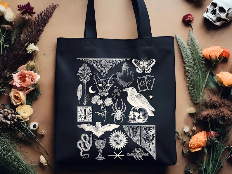 Dark Academia Tote Bag with Gothic Witchcore Design, Vintage Book Lover Aesthetic Canvas Bag for Readers and Literary Style image 1
