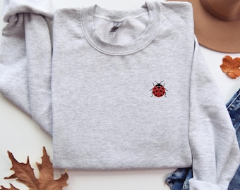 Embroidered Ladybug Sweater Cute Cozy Bug Lover Pullover Comfy Cottagecore Insect Sweatshirt for Nature Inspired Outfits