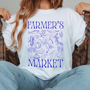 Camiseta de mercado de fazendeiros, camiseta estética Cottagecore com estampa de produtos locais, camiseta vegana, ecológica, presente, jardim orgânico, foodie, camiseta de vegetais