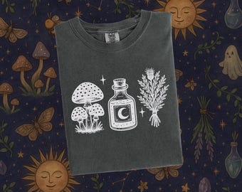 Witches Apothecary Shirt with Potion Bottle and Herbs Green Witch Linocut Tattoo Style Tee for Halloween Cottagecore Y2K Forestcore Magic