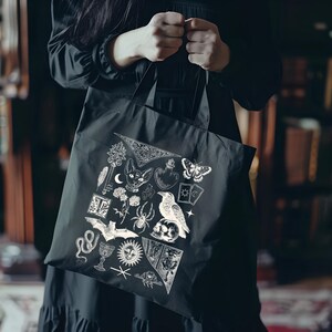 Dark Academia Tote Bag with Gothic Witchcore Design, Vintage Book Lover Aesthetic Canvas Bag for Readers and Literary Style image 4