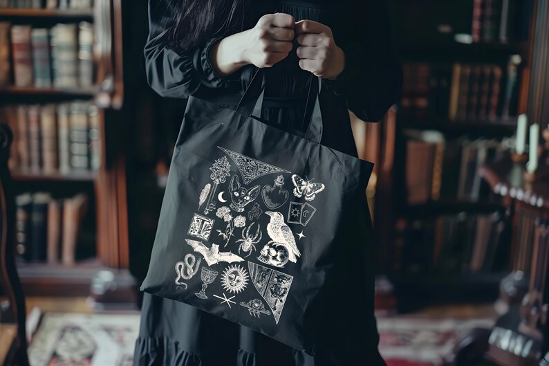 Dark Academia Tote Bag with Gothic Witchcore Design, Vintage Book Lover Aesthetic Canvas Bag for Readers and Literary Style image 4